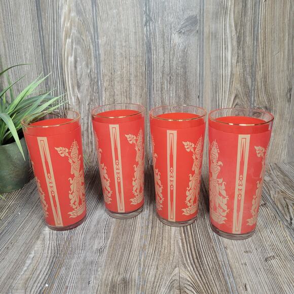 4 Vintage Red & Gold Thai Goddess Tumbler 60s Culver MCM Glasses - Picture 3 of 5